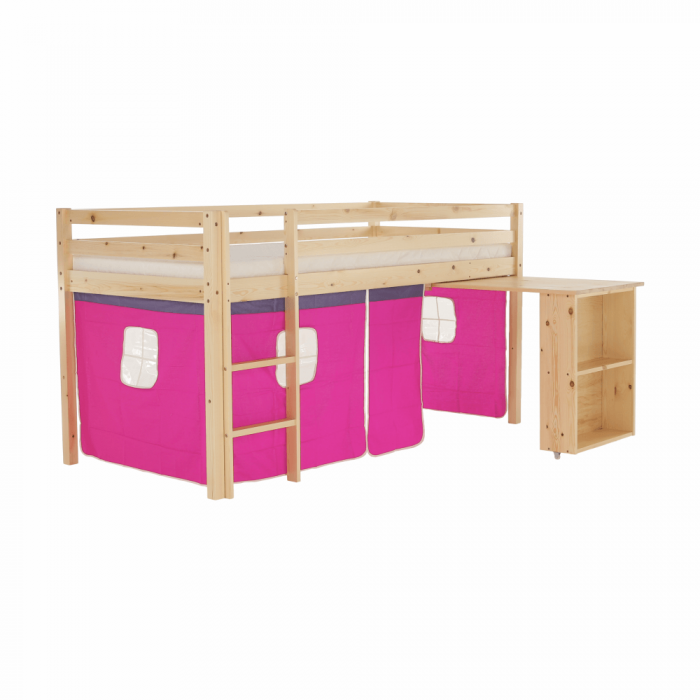Pat pentru copil, inaltat ,cu cort roz si birou culisabil,lemn pin,Bortis Impex [12]