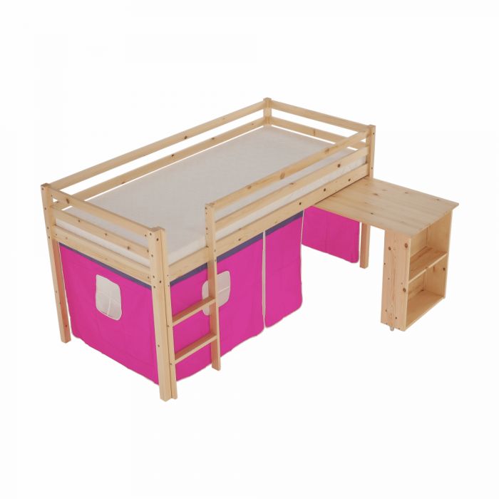 Pat pentru copil, inaltat ,cu cort roz si birou culisabil,lemn pin,Bortis Impex [18]