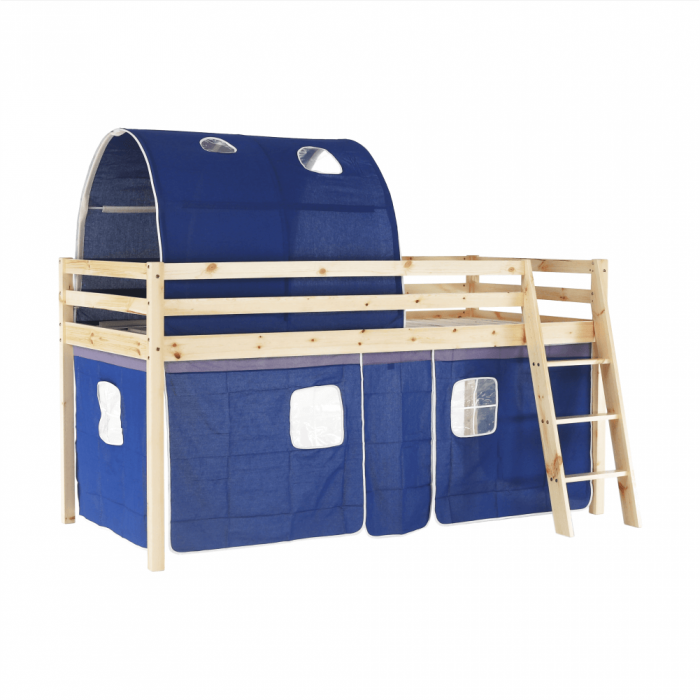 Pat pentru copil, inaltat ,cu cort si tunel albastru,208x90x110 cm,lemn pin,Bortis Impex [3]