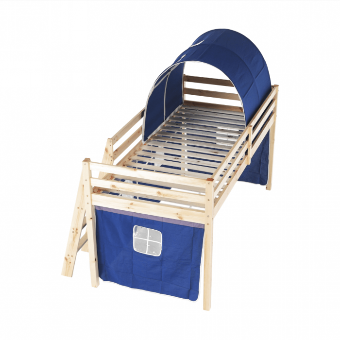 Pat pentru copil, inaltat ,cu cort si tunel albastru,208x90x110 cm,lemn pin,Bortis Impex [14]
