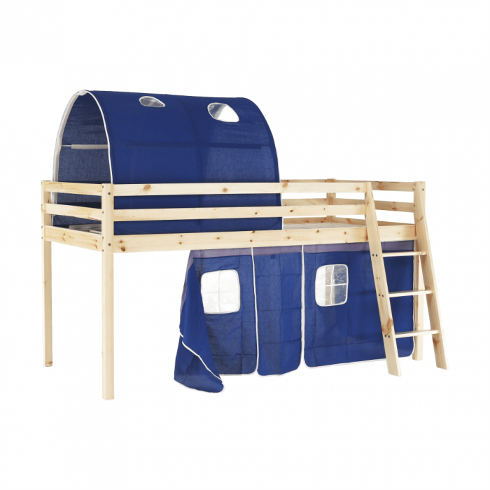 Pat pentru copil, inaltat ,cu cort si tunel albastru,208x90x110 cm,lemn pin,Bortis Impex [8]