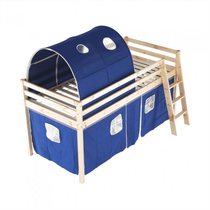 Pat pentru copil, inaltat ,cu cort si tunel albastru,208x90x110 cm,lemn pin,Bortis Impex [12]