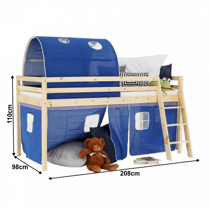 Pat pentru copil, inaltat ,cu cort si tunel albastru,208x90x110 cm,lemn pin,Bortis Impex [2]