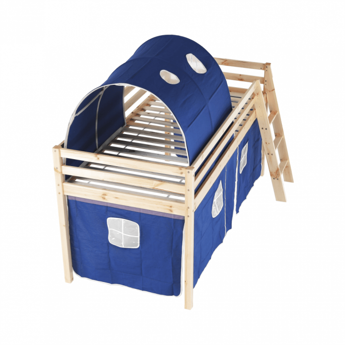 Pat pentru copil, inaltat ,cu cort si tunel albastru,208x90x110 cm,lemn pin,Bortis Impex [13]