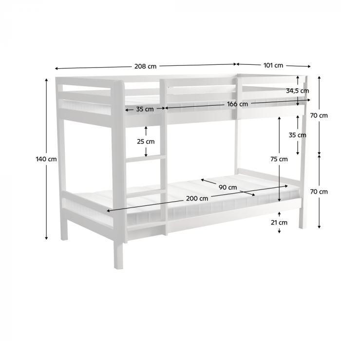 Pat supraetajat, 90x200, lemn masiv, alb, INEZA [9]