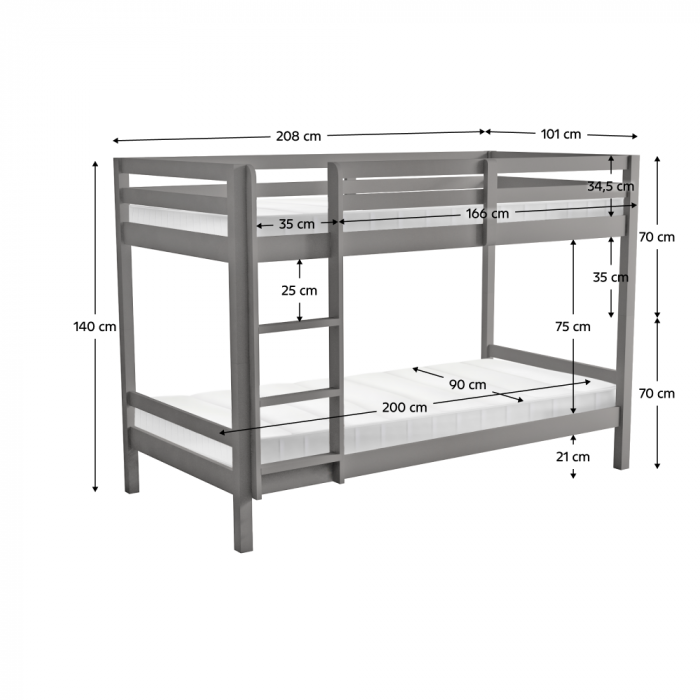 Pat supraetajat, 90x200, lemn masiv, gri, INEZA [9]