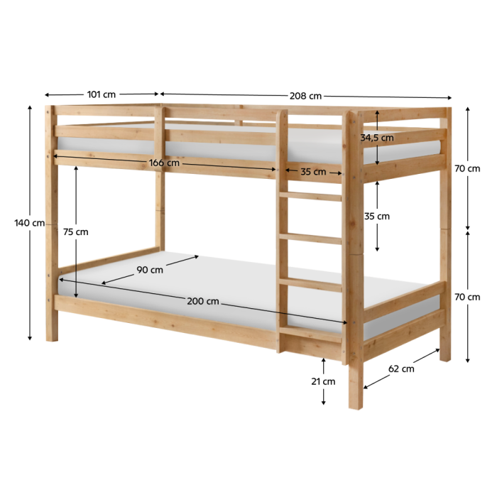 Pat supraetajat, 90x200, lemn masiv, natural, INEZA [4]