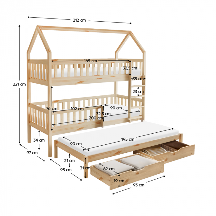 Pat supraetajat Montessori cu pat suplimentar, natural, VENITA TYP 1 [2]