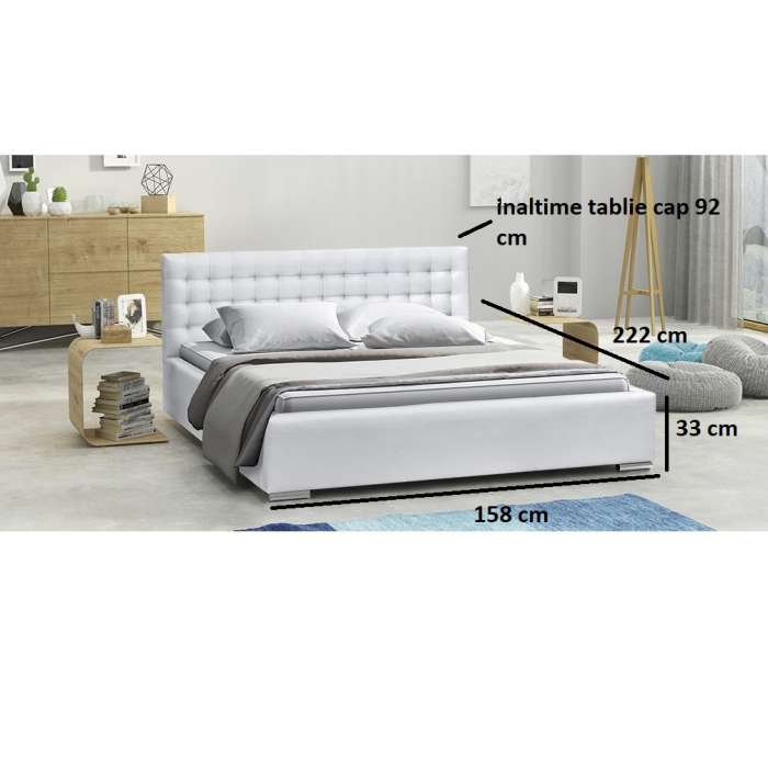 Pat tapitat de dormitor, 140x200, piele eco alb, cu suport saltea rabatabil si lada depozitare, Bortis Impex [2]
