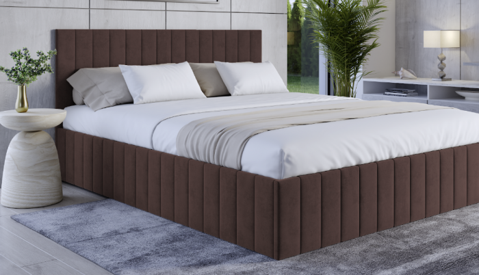 Pat tapitat de dormitor, stofa/textil maro inchis ciocolata, 140x200, matlasat complet, cadru suport de saltea fix inclus [1]