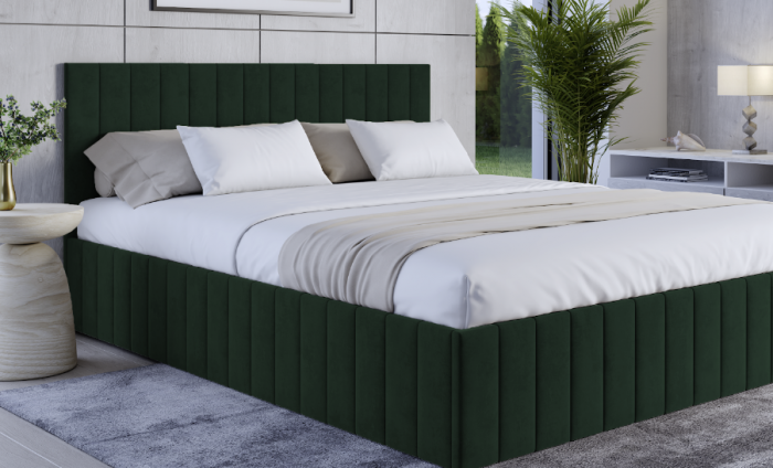 Pat tapitat de dormitor, stofa/textil verde smarald, 140x200, matlasat complet, cadru suport de saltea fix inclus [1]