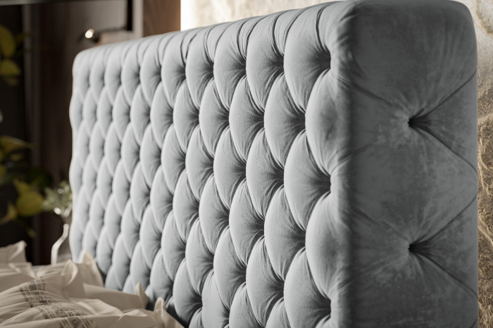 Pat tapitat dormitor, Chesterfield, 160x200, modern Lux ,, somiera metalica rabatabila, cu lada ,  matlasat , stofa catifelata Gri inchis, picioare metalice cromate, Bortis [8]