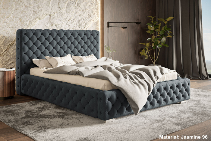 Pat tapitat dormitor, Chesterfield, 160x200, modern Lux ,, somiera metalica rabatabila, cu lada ,  matlasat , stofa catifelata Gri inchis, picioare metalice cromate, Bortis [2]