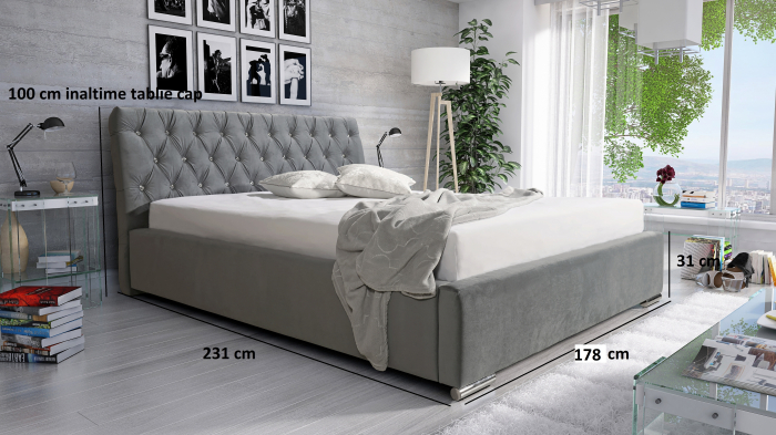 Pat tapitat dormitor cu ornamente tablie , 160x200, stofa gri, cu lada si somiera rabatabila, Bortis [2]