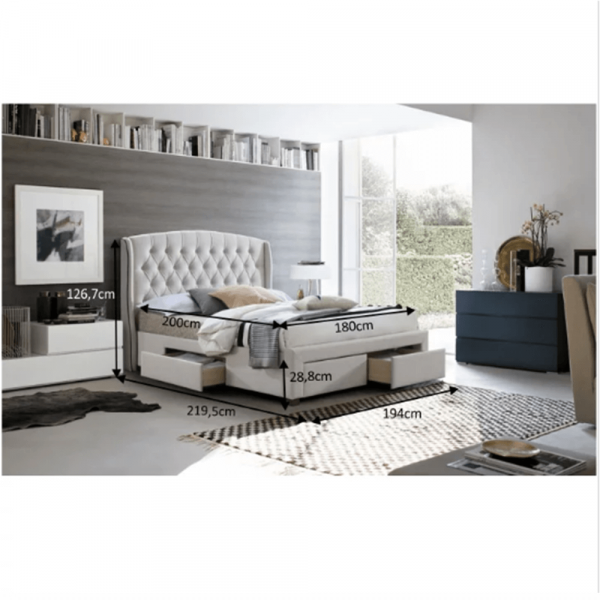 Pat tapitat dormitor ,de lux,Crem,180x200 cm, matlasat cu nasturi,4 sertare ,suport saltea inclus, [2]
