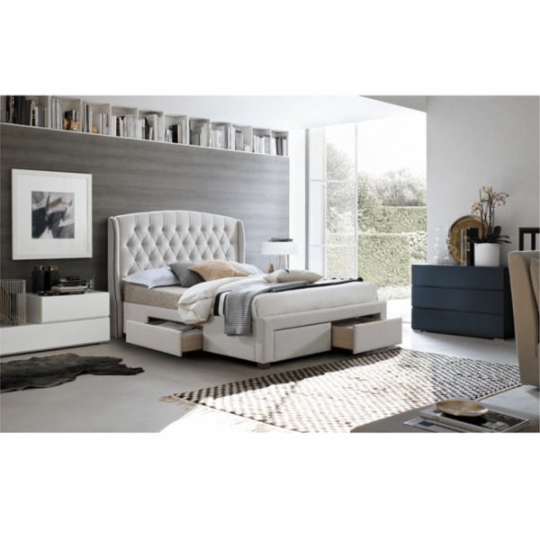 Pat tapitat dormitor ,de lux,Crem,180x200 cm, matlasat cu nasturi,4 sertare ,suport saltea inclus, [3]