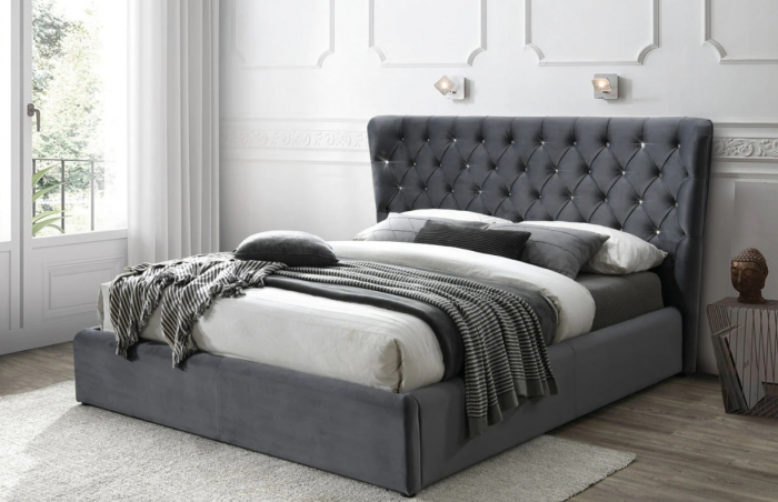 Pat tapitat dormitor , loc saltea 160x200, stofa catifelata gri , cu suport saltea inclus-lamelara fix,  tablie inalta, matlasata cu model , design unicat, [2]