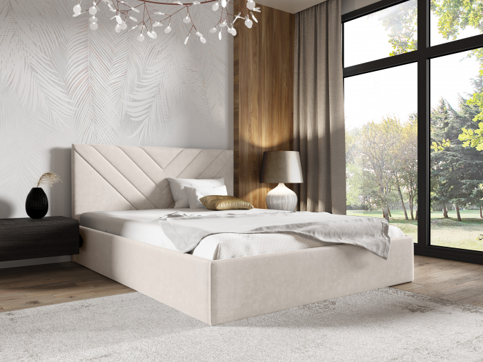 Pat tapitat dormitor, stofa/textil crem deschis, 160x200, model in tablie matlasata, cadru suport de saltea fix inclus [2]