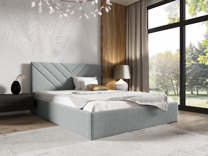 Pat tapitat dormitor, stofa/textil gri , 160x200, model in tablie matlasata, cadru suport de saltea fix inclus [2]