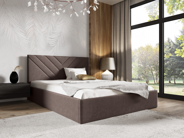 Pat tapitat dormitor, stofa/textil maro inchis ciocolata, 160x200, model in tablie matlasata, cadru suport de saltea fix inclus [2]
