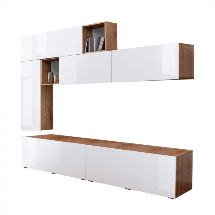 Perete living, alb cu luciu extra ridicat HG/stejar wotan, MIRALDA [2]