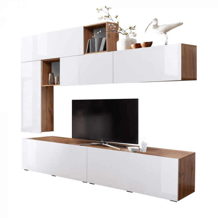 Perete living, alb cu luciu extra ridicat HG/stejar wotan, MIRALDA [3]