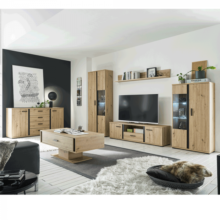 Perete living, stejar artizan / negru, KANODE [3]