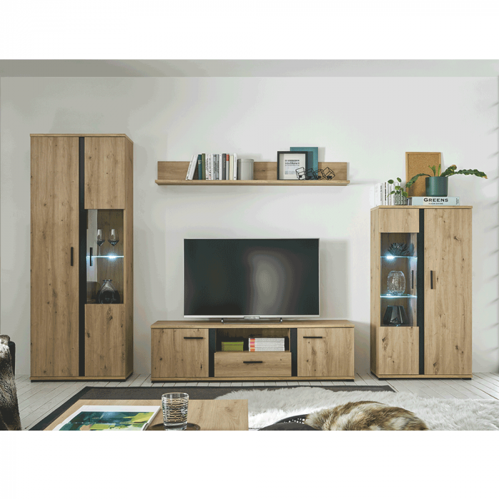 Perete living, stejar artizan / negru, KANODE [1]