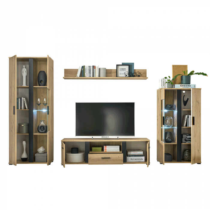 Perete living, stejar artizan / negru, KANODE [4]