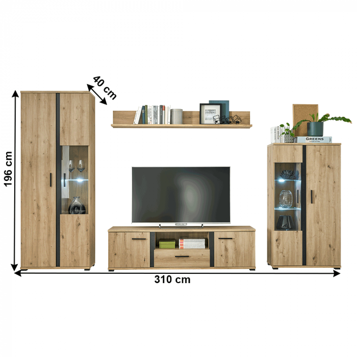 Perete living, stejar artizan / negru, KANODE [6]