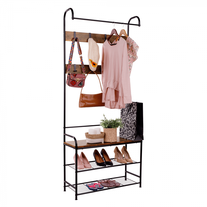 Raft pentru pantofi, lemn rustic şi metal negru / MDF, KELAM [3]