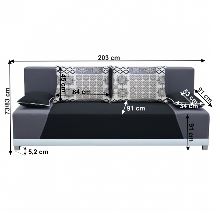 Canapea extensibila , cu lada depozitare , 203 cm lungime, stofa gri/negru ,perne  gri cu model [2]