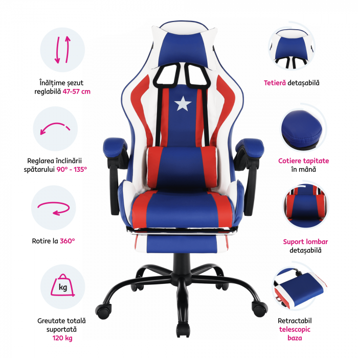 Scaun de birou, Captain America, piele eco albastru/rosu/alb, cu suport pentru picioare, Bortis Impex [8]