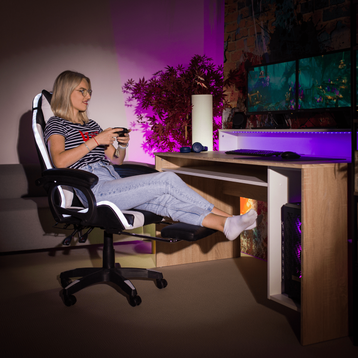 Scaun de birou/gaming, cu suport pentru picioare, piele eco gri/alb, lumini led cu telecomanda, Bortis Impex [5]