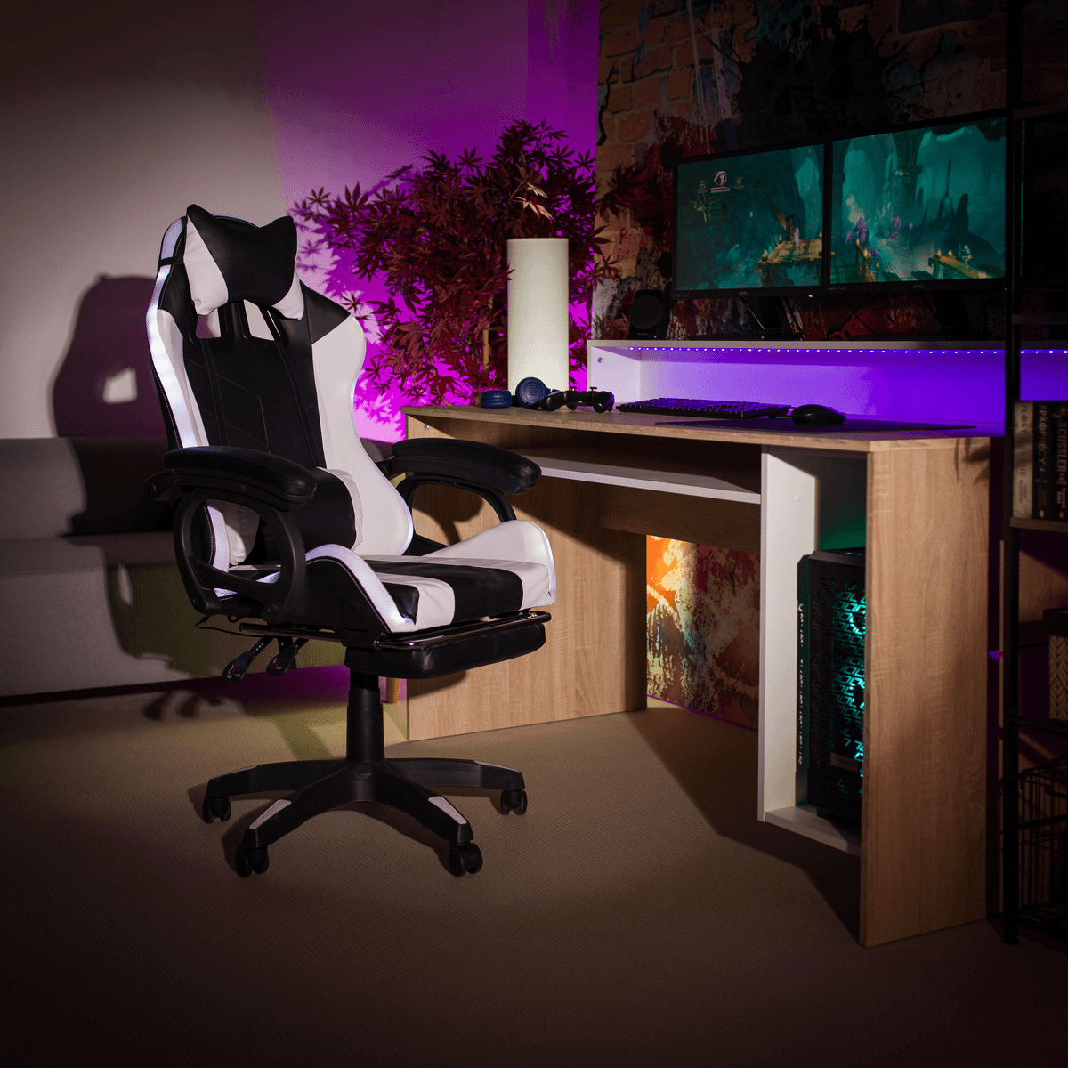 Scaun de birou / joc cu iluminare LED RGB, negru / alb, JOVELA [5]