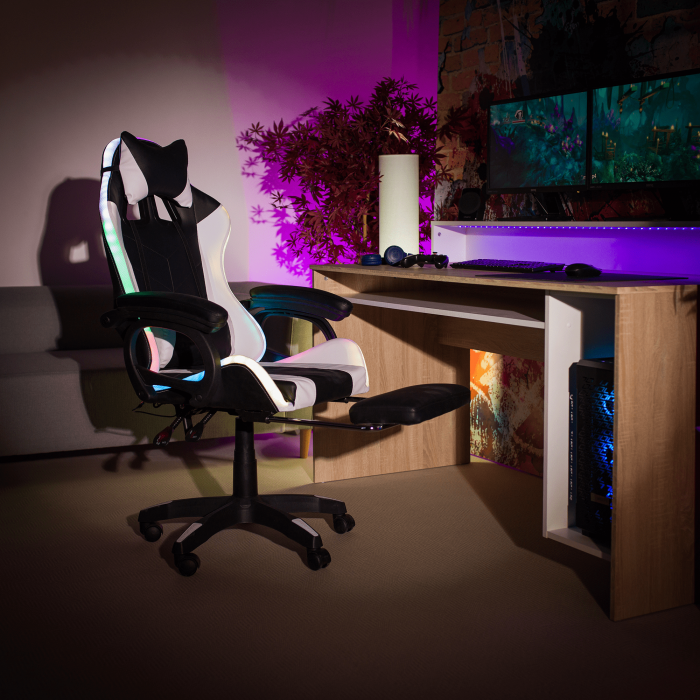 Scaun de birou / joc cu iluminare LED RGB, negru / alb, JOVELA [6]