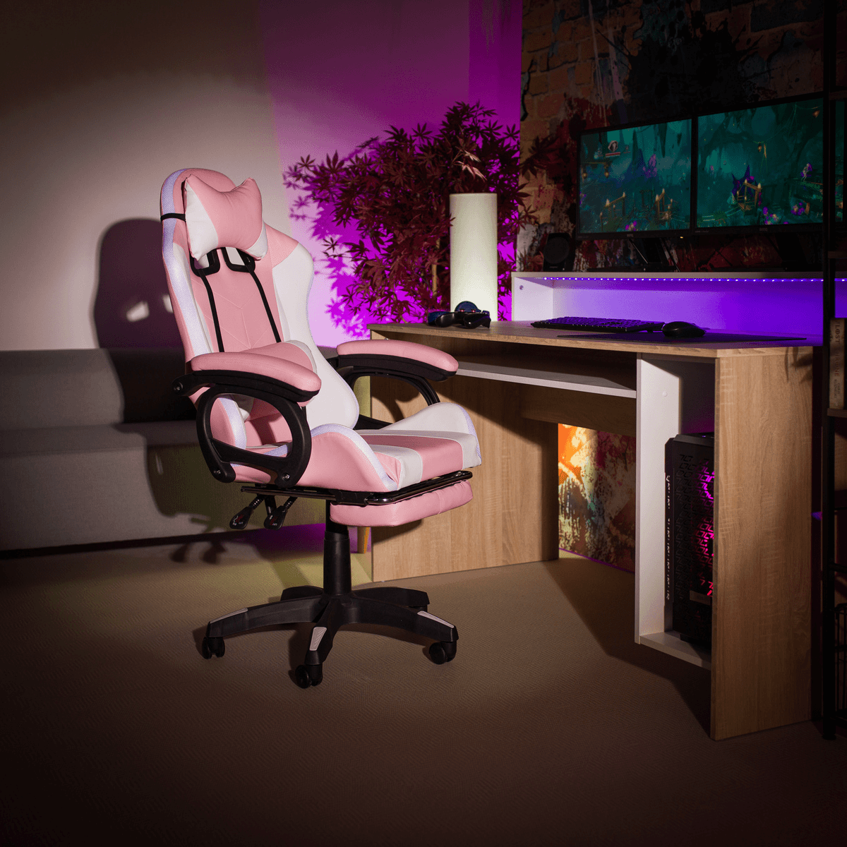 Scaun de birou / joc cu iluminare LED RGB, roz / alb, JOVELA [6]