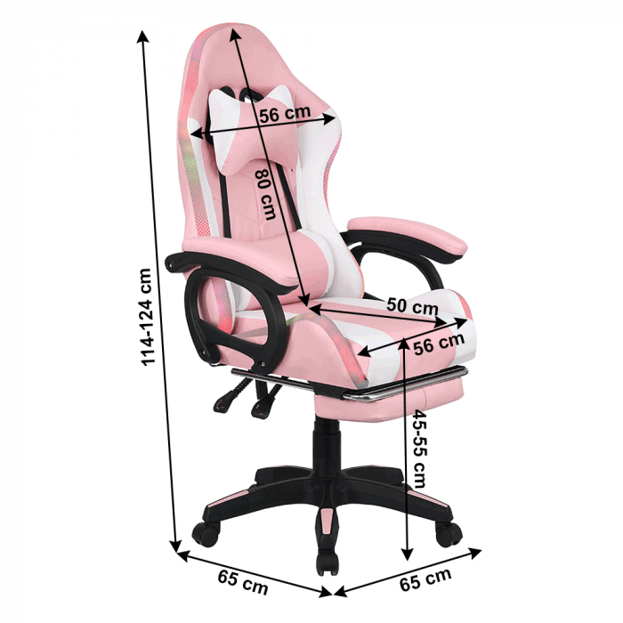 Scaun de birou / joc cu iluminare LED RGB, roz / alb, JOVELA [7]