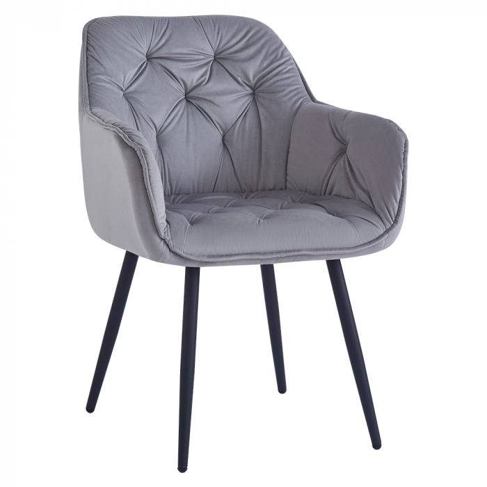 Scaun de sufragerie living , modern, stofa catifelata gri deschis, picioare metal negre [2]