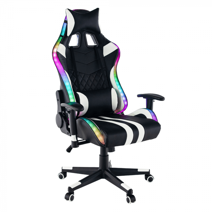 Scaun gaming, lumini led cu telecomanda, cu tetiera, piele eco negru/alb, Bortis Impex [20]
