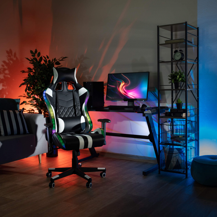 Scaun gaming, lumini led cu telecomanda, cu tetiera, piele eco negru/alb, Bortis Impex [7]