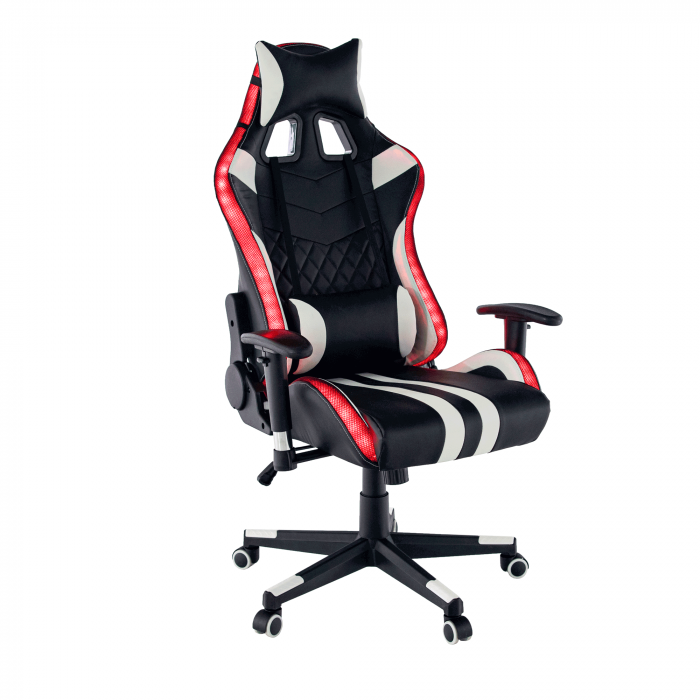 Scaun gaming, lumini led cu telecomanda, cu tetiera, piele eco negru/alb, Bortis Impex [14]