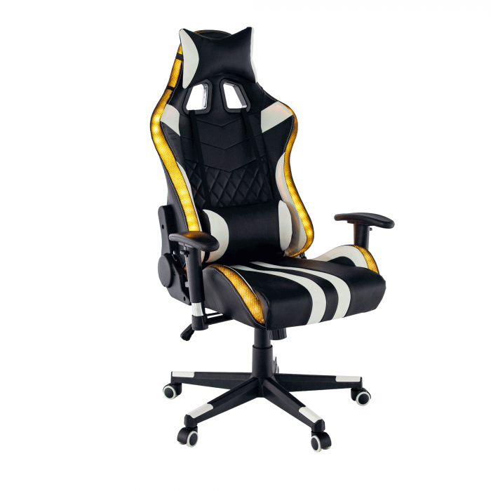 Scaun gaming, lumini led cu telecomanda, cu tetiera, piele eco negru/alb, Bortis Impex [17]