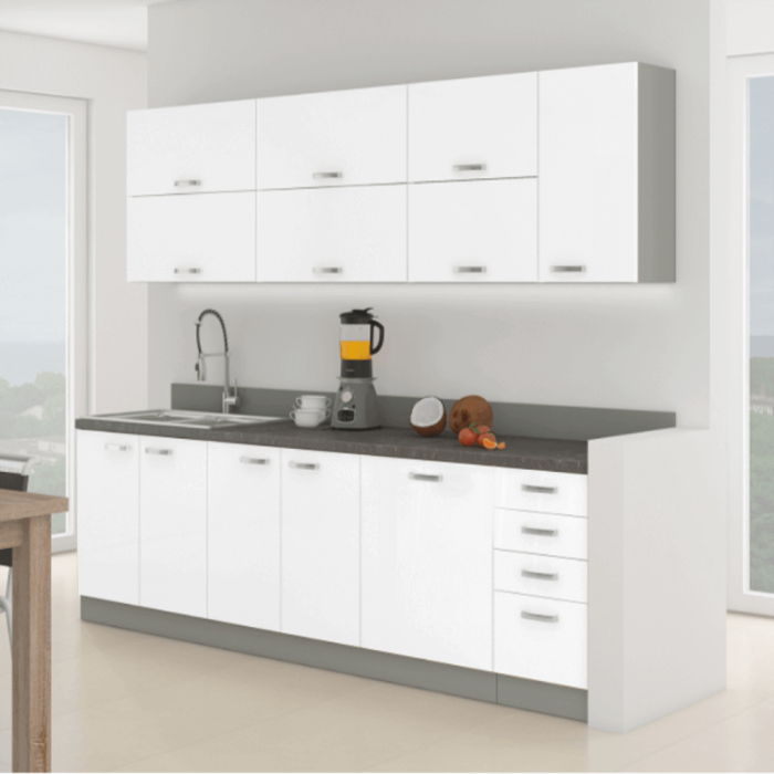 Set Bucatarie 260 cm, mdf alb extralucios/pal gri, usi si sertare cu inchidere silentioasa [2]