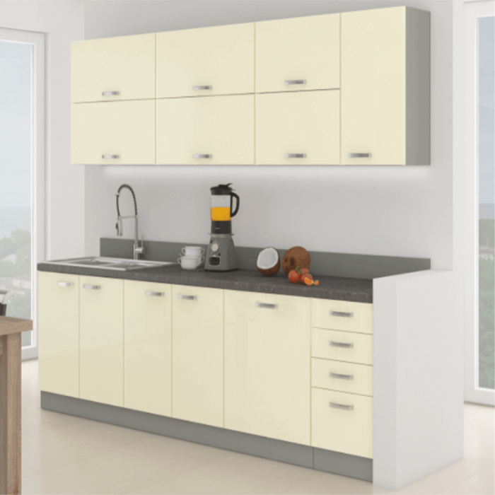 Set Bucatarie 260 cm, mdf crem extralucios/pal gri, usi si sertare cu inchidere silentioasa, Bortis Impex [2]