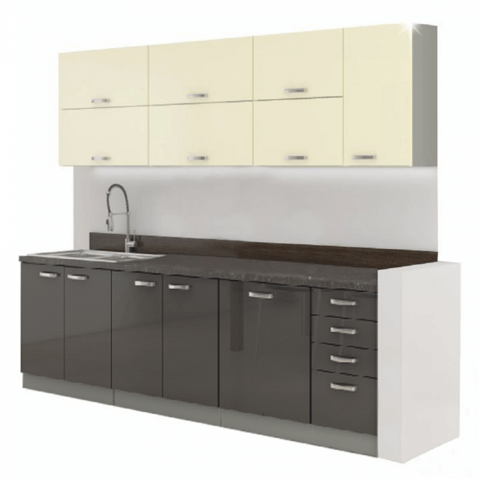 Set Bucatarie 260 cm, mdf crem-gri extralucios/pal gri, usi si sertare cu inchidere silentioasa, Bortis Impex [6]