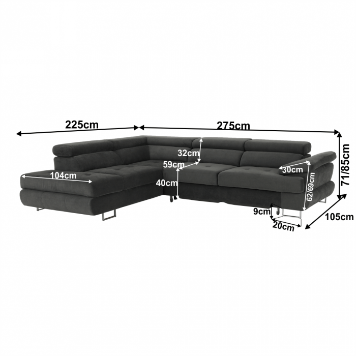 Set canapea cu spaţiu de depozitare, gri, material textil, stânga, BUTON R [20]