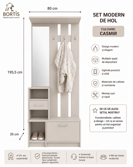 Set Cuier Hol Casmir cu oglindă, pantofar, sertar și spații de depozitare, 80x35x195,5 cm, Bortis Impex [3]