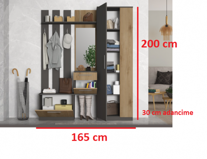 Set cuier mobila hol , pal grafit/scortisoara, 165 cm lungime x 200 cm inaltime x 30 cm adancime, dulap pantofar  cu rafturi, oglinda, 3 agatatori haine duble, cu sertar [3]