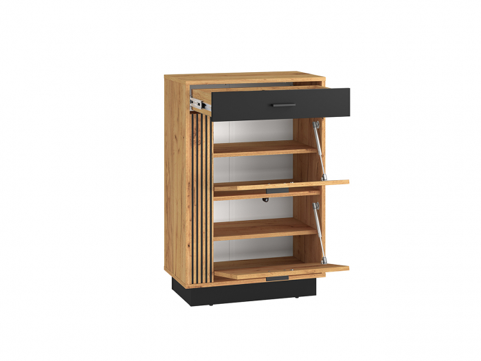 Set cuier mobilier hol, corpuri modulare, dulap cu suport umerase+pantofar+oglinda, stejar craft/negru , model riflaj -insertie negru , 120 cm lungime x 34 cm adancime x 200 inaltime dulap, [8]